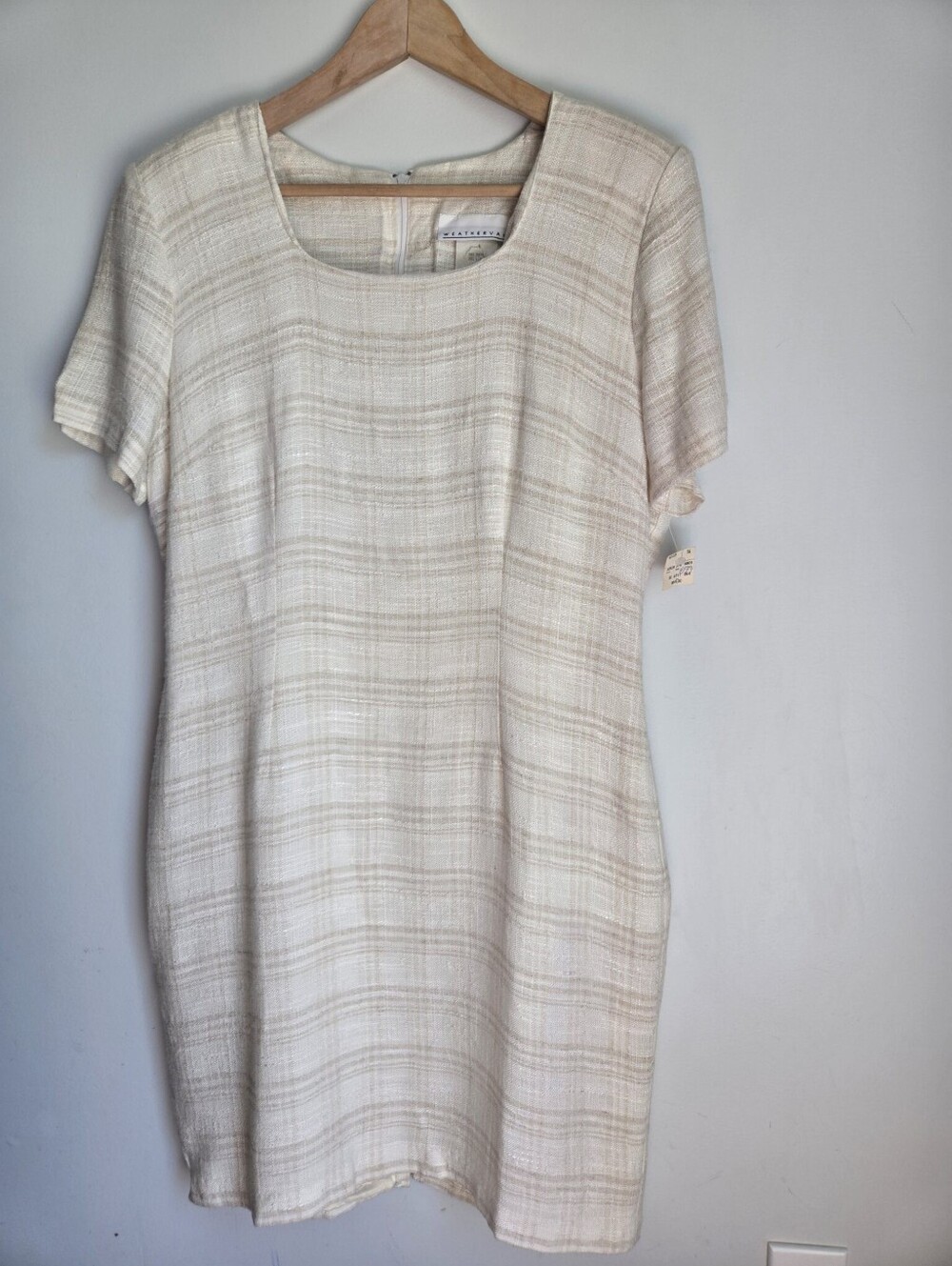 New + Vintage WEATHER VANE  Cream Plaid Short Sleeve Rayon & Linen Shift Dress